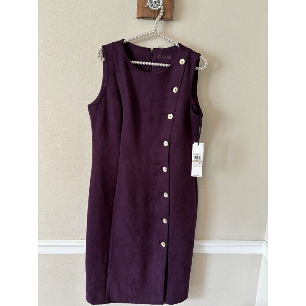 NWT Calvin Klein Womens Size 12 Faux Suede Sheath Dress Sleeveless Plum Purple